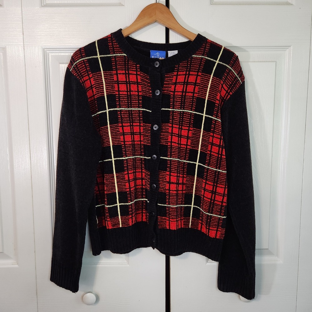 EP Pro Golf Cardigan Sweater Large Red Black Plaid Chenille Knit Australia Made
